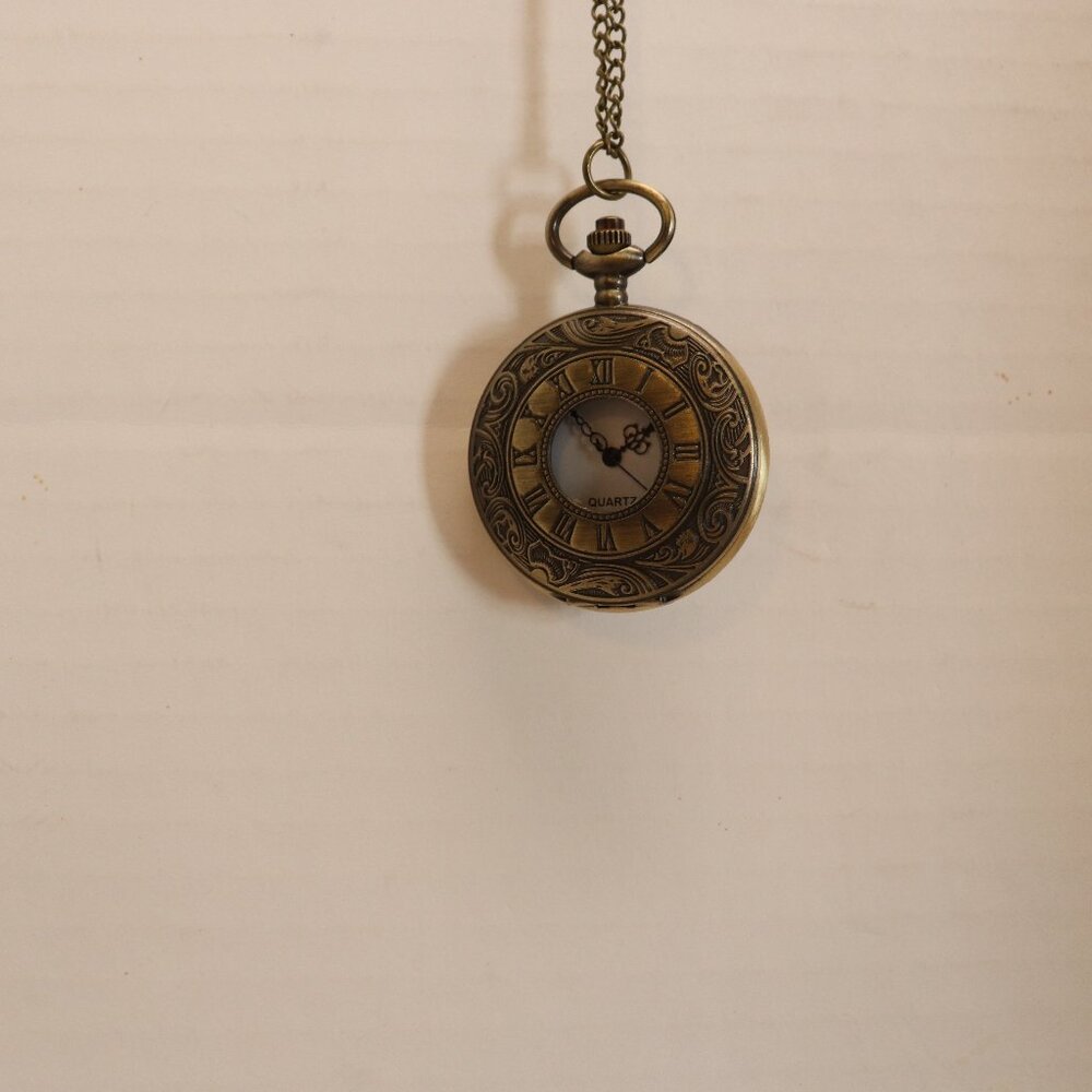 Vintage Brass‎ Quartz Pocket Watch with Chain